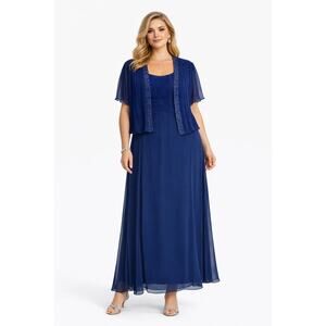 Patra Woman Early 2000s Blue Chiffon Sleeveless Dress Jacket Set 22W